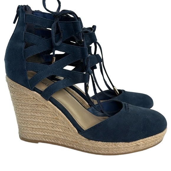 Michael Kors Shondra Blue Suede Leather Lace Up Wedge Espadrille - Picture 1 of 15